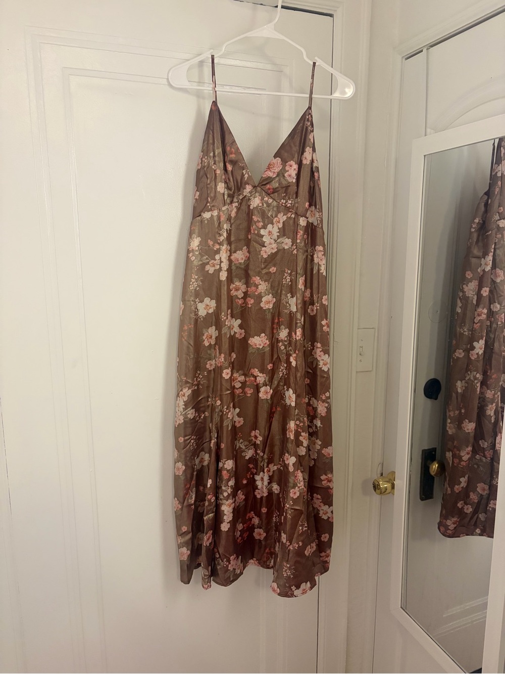 Wayf Satin Floral Slip Dress in Dusty Brown and Pink